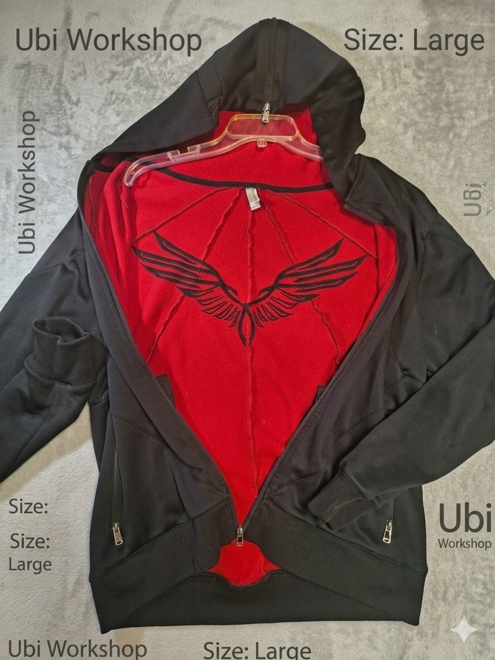 Ubi Workshop Clothing Black Hooded Jacket with Red Interior and Wing Motif